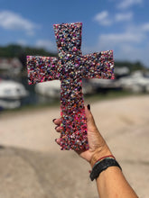 Medium size sequin glitter and resin cross hot pink.