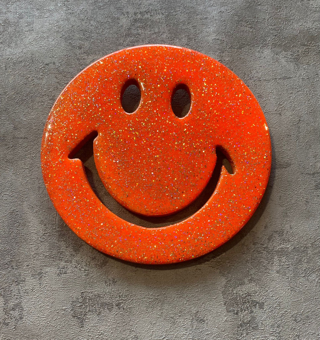 Smiley resin face in orange glitter all sizes