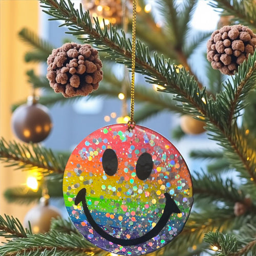 Rainbow super glitter smiley face tree decoration.