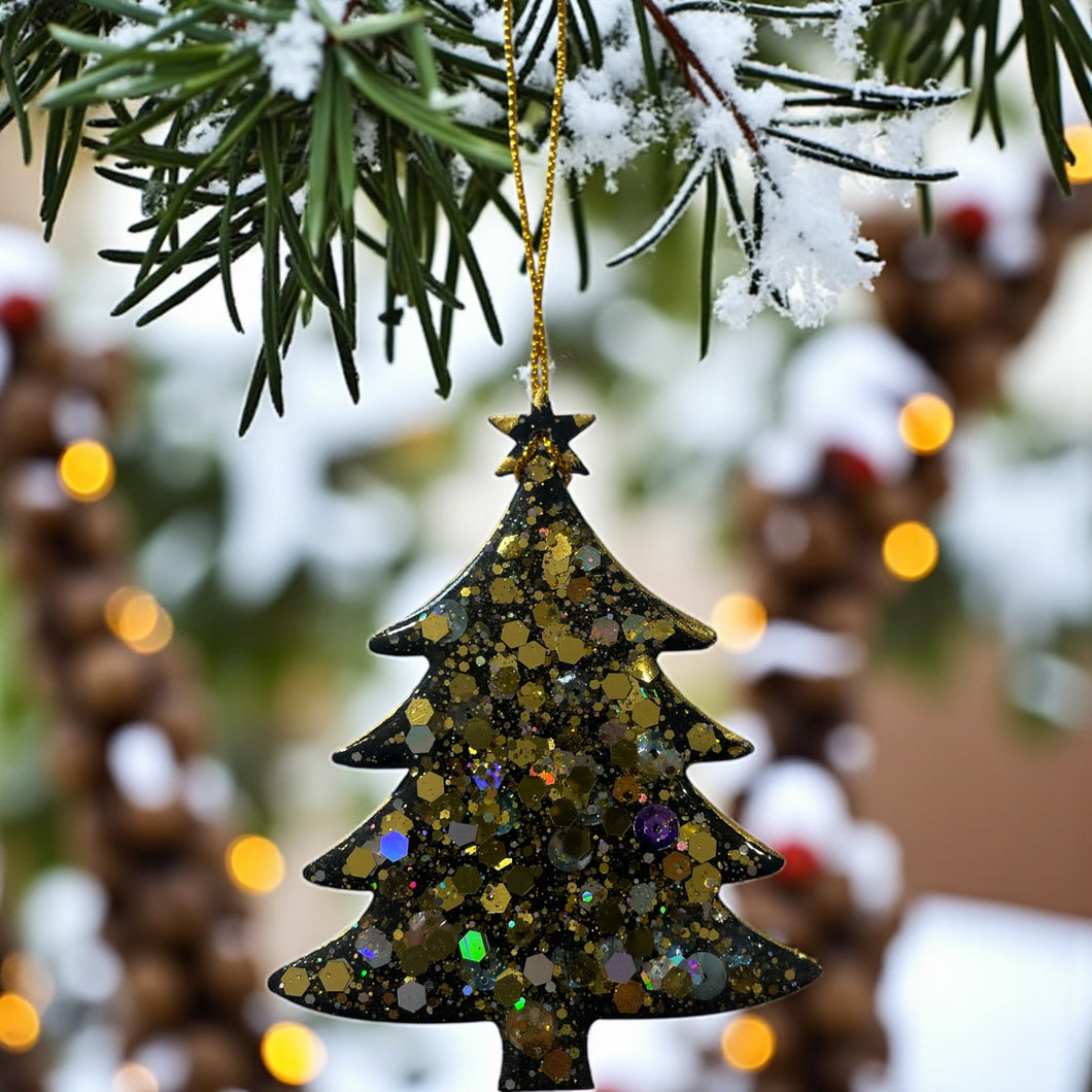 Black and gold glitter and sequin tree Christmas tree decoration.