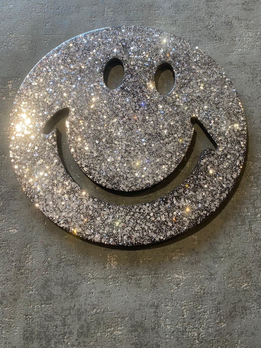 Smiley resin face in black with silver glitter all sizes