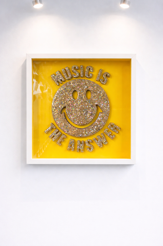 Music Is The Answer Framed Resin Smiley Artwork (35cm x 35cm) yellow