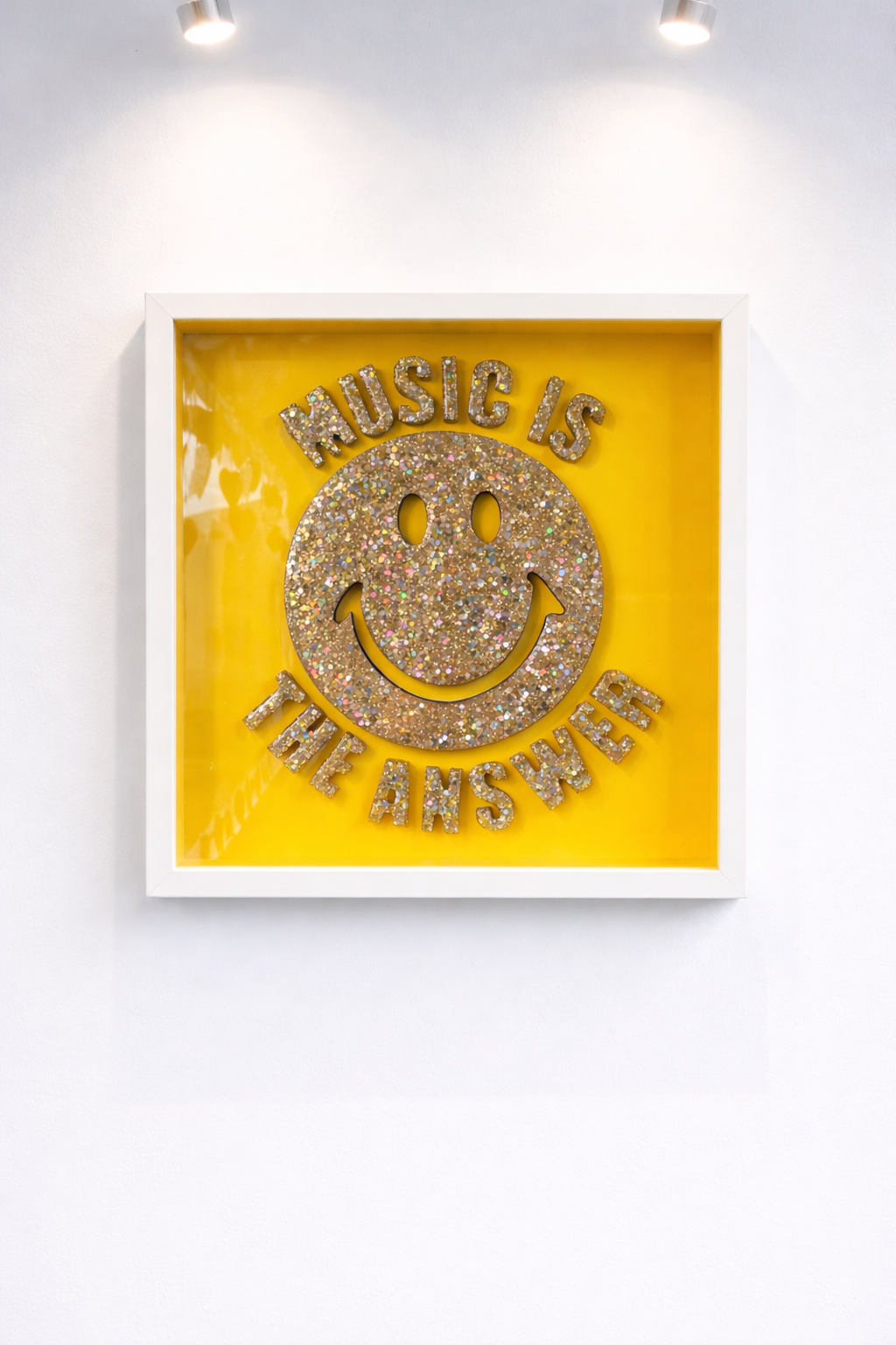 Music Is The Answer Framed Resin Smiley Artwork (35cm x 35cm) yellow