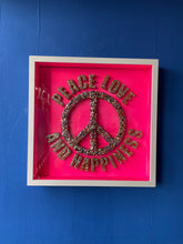 Peace Love & Happiness Framed Resin Artwork (35cm x 35cm) hot pink