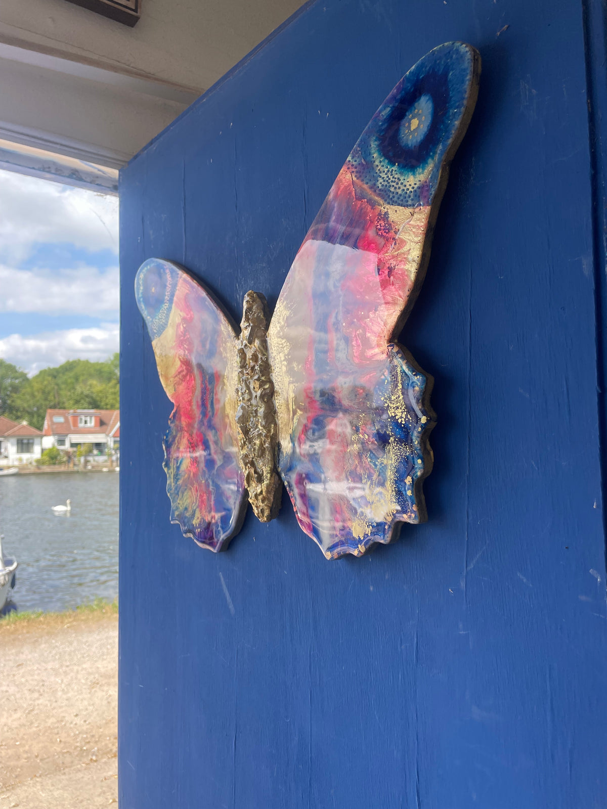 Large Resin Butterfly Wall Art with Quartz Crystal & Gold Leaf  One of a Kind