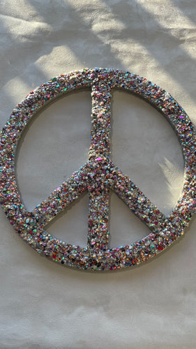 Large gold 40cm resin  multicoloured sequins and glitter peace sign