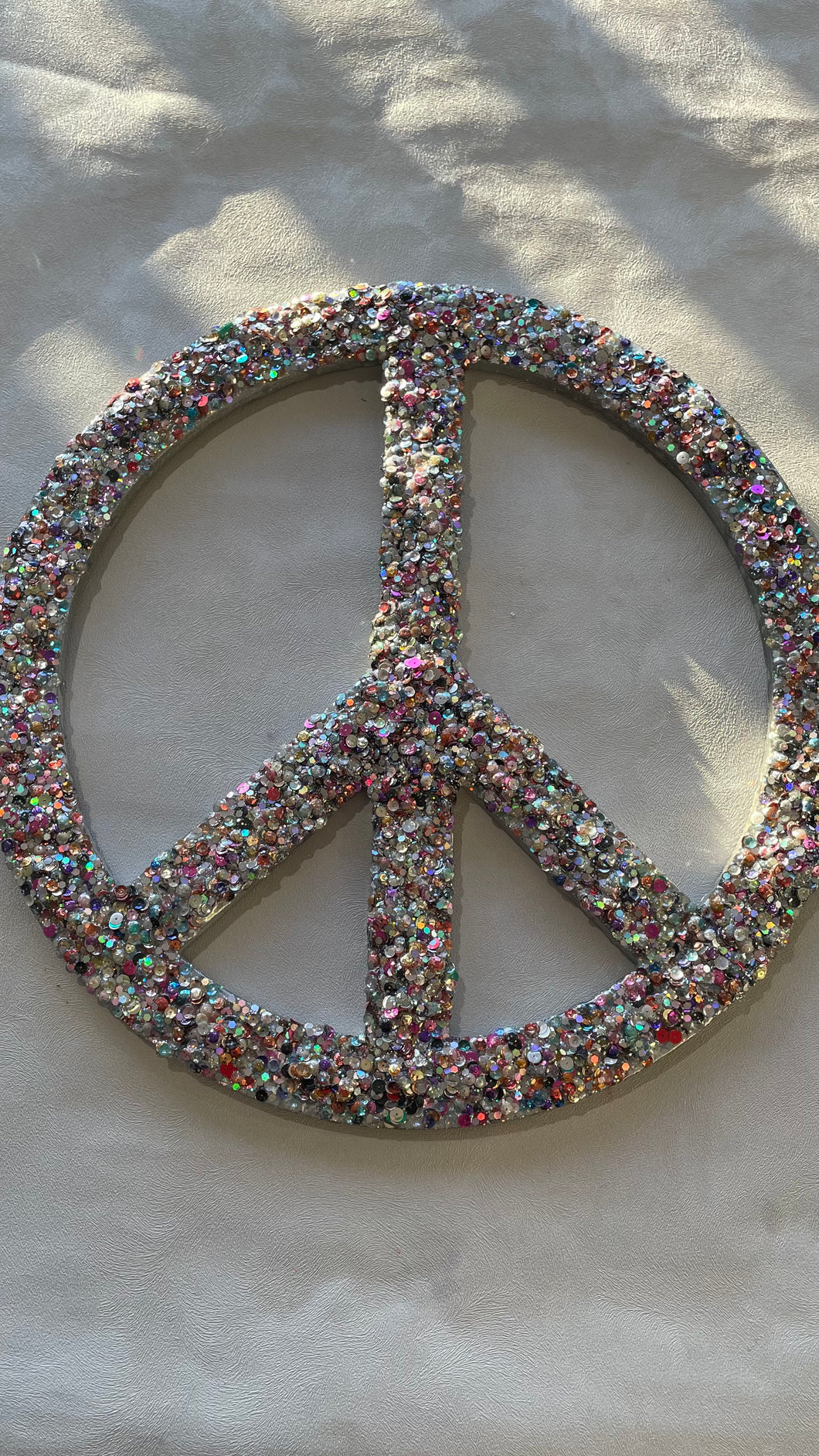 Large gold 40cm resin  multicoloured sequins and glitter peace sign