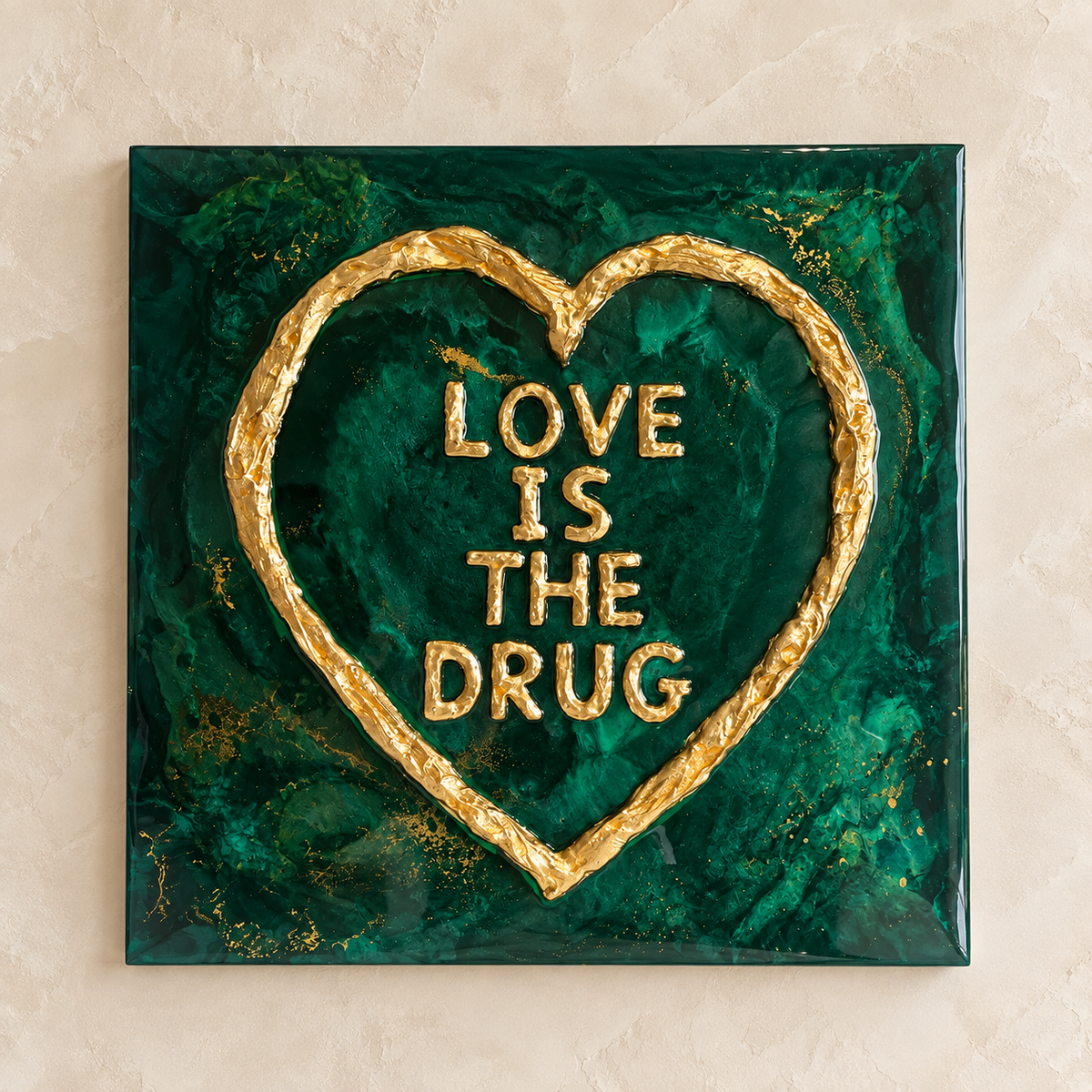 Emerald green and gold love is the drug resin art work. Made to order.