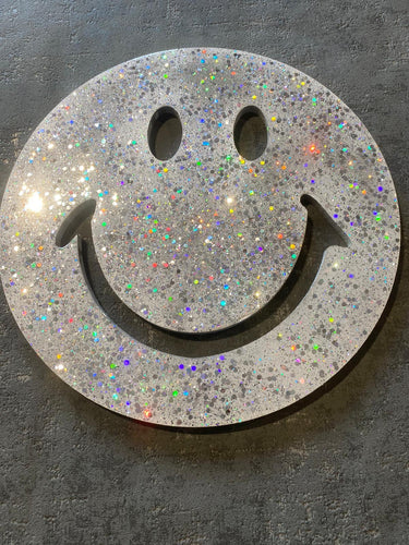 Smiley resin face in silver glitter all sizes