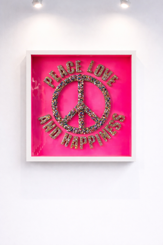 Peace Love & Happiness Framed Resin Artwork (35cm x 35cm) hot pink