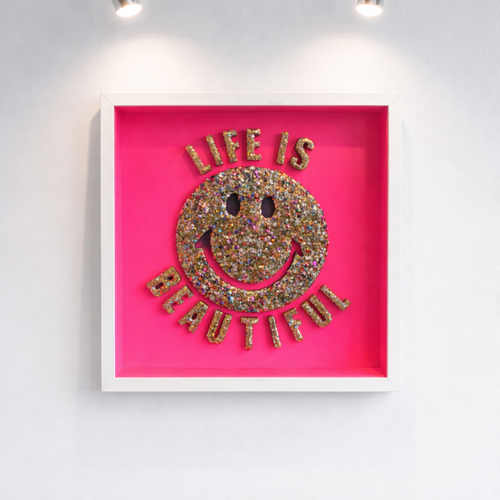 Life is beautiful framed smiley 35cm x 35cm.