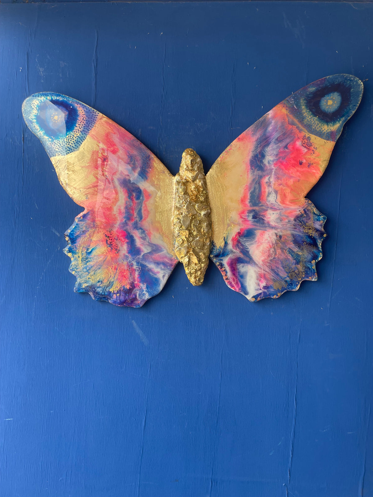 Large Resin Butterfly Wall Art with Quartz Crystal & Gold Leaf  One of a Kind