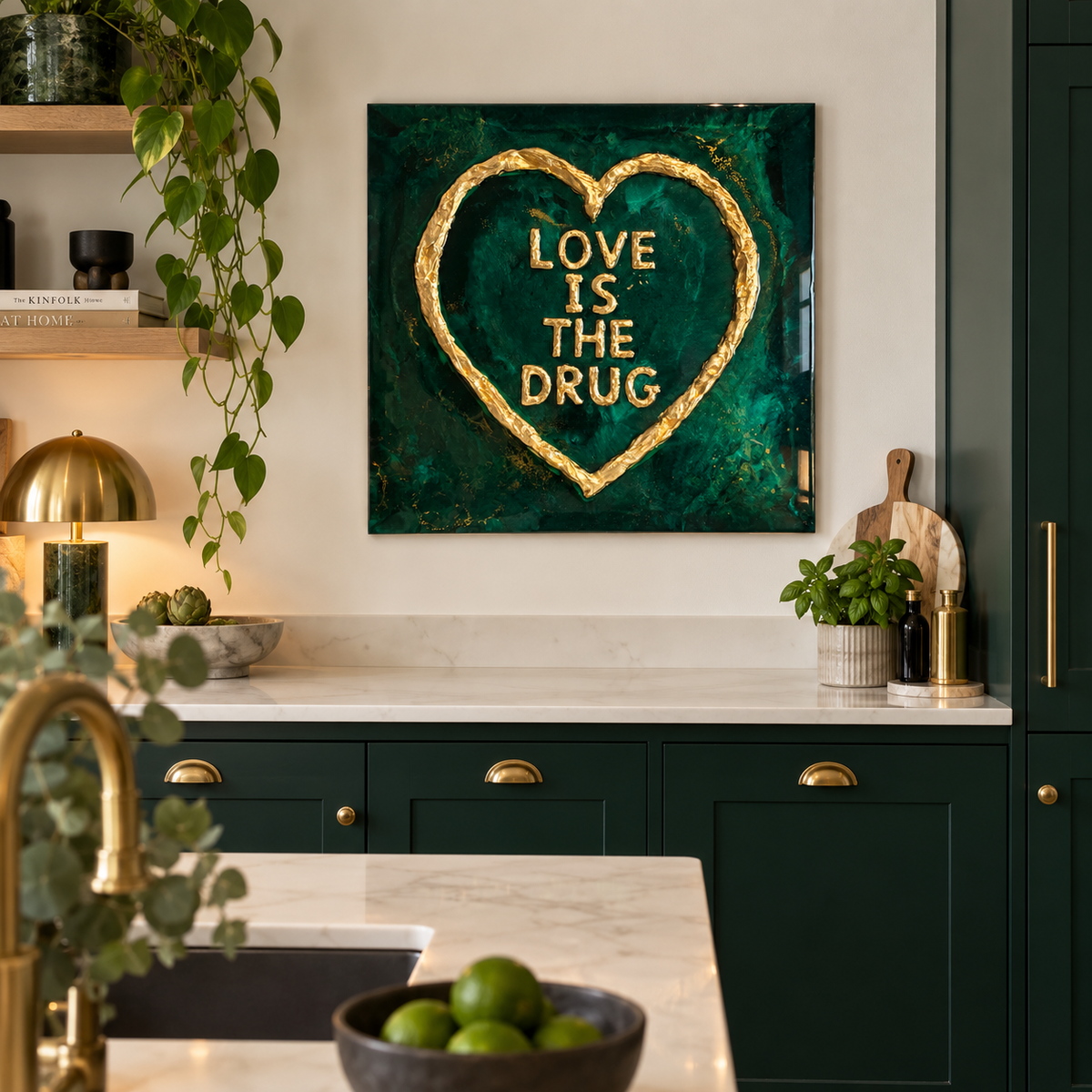 Emerald green and gold love is the drug resin art work. Made to order.
