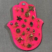 Large Hamsa hand in hot pink with gold miligros charms