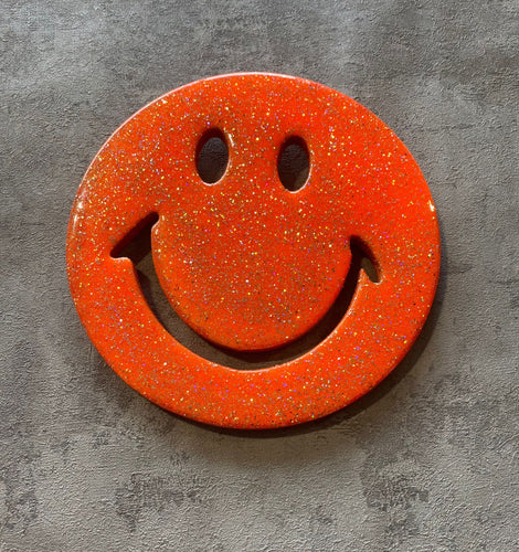 Smiley resin face in orange glitter all sizes