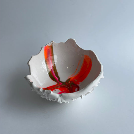 Horse chestnut inspired hatched. White pink orange and gold.