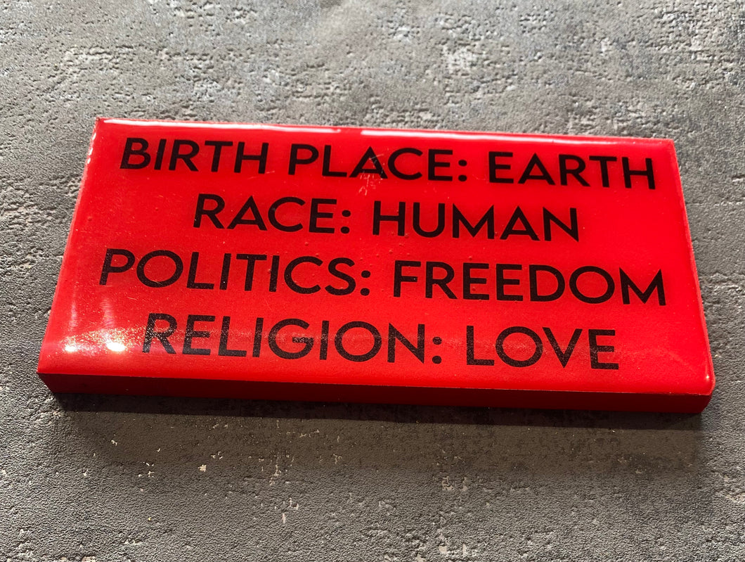 Birth place: earth plaque in red and black