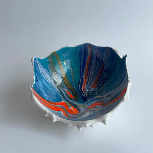 Horse chestnut inspired hatched white blue orange and a touch of gold.