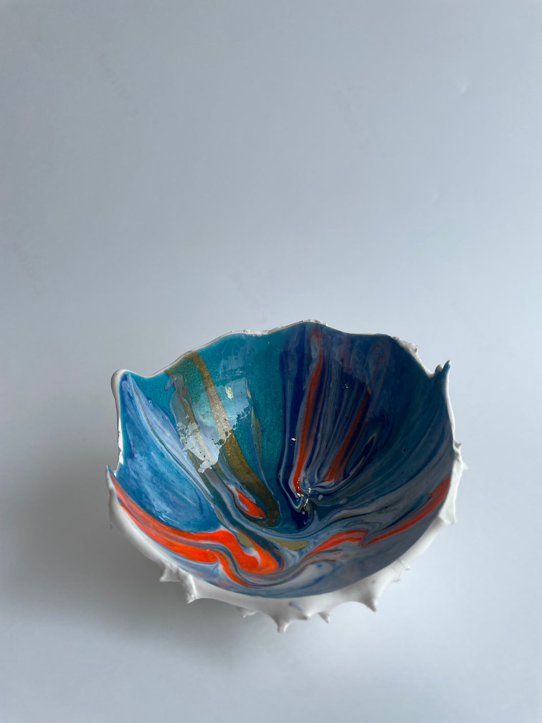 Horse chestnut inspired hatched white blue orange and a touch of gold.