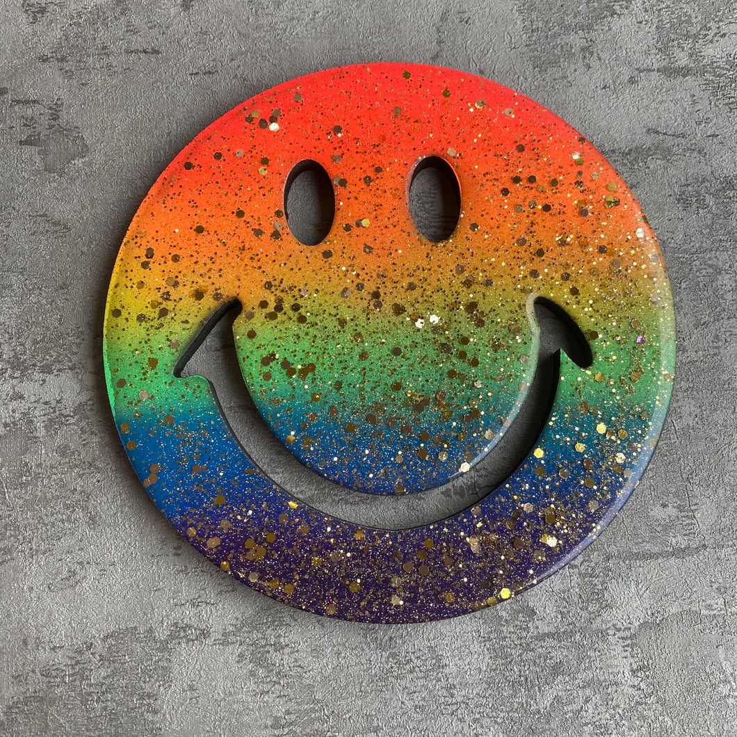 Smiley resin face in rainbow glitter all sizes