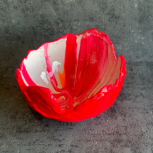 Large hatched in hot pink, white and orange