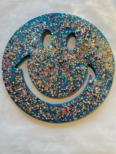 Large 40cm Blue Smiley Face Resin, Sequins &  glitter wall art