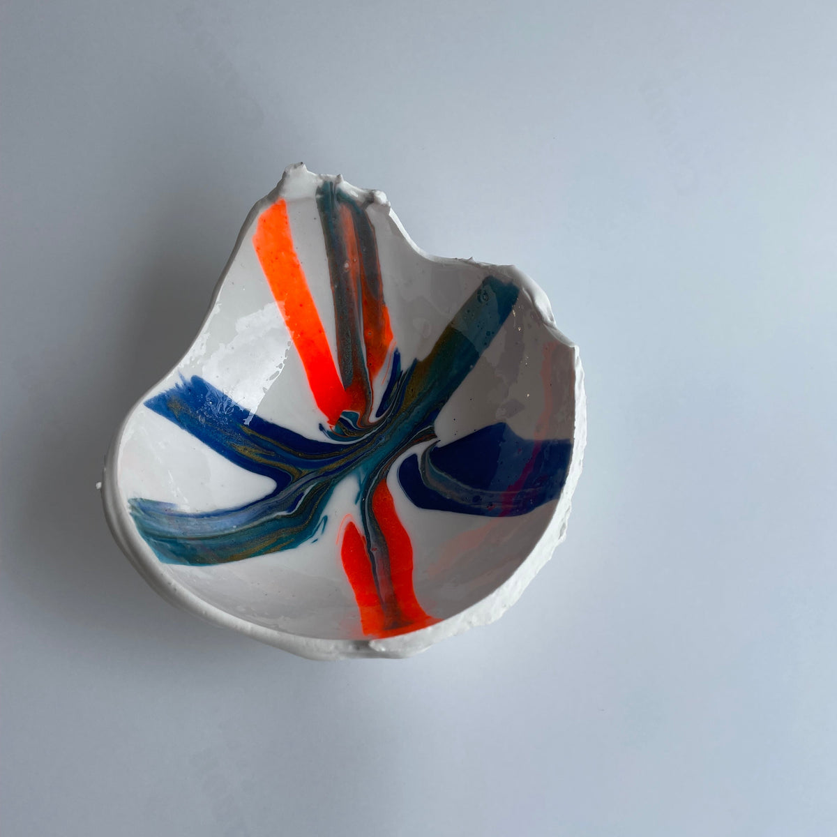 Horse chestnut inspired Hatched white blue orange hint of gold.