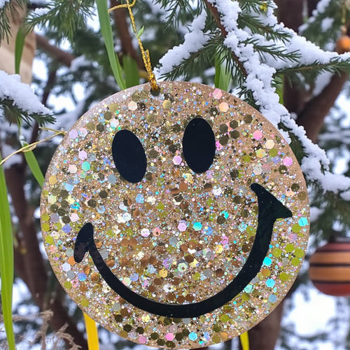 Gold super glitter smiley face Christmas decoration.