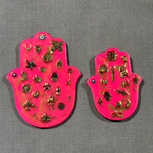 Large Hamsa hand in hot pink with gold miligros charms