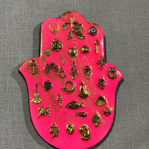 Large Hamsa hand in hot pink with gold miligros charms