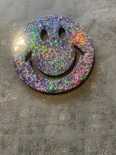 Smiley resin face in purple glitter all sizes