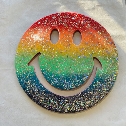 Large 40cm rainbow super glitter smiley with resin.