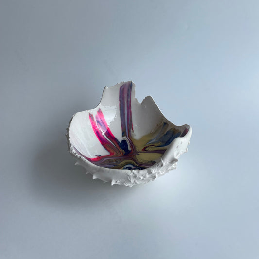 Horse chestnut inspired hatched. White pink blue touch of gold.