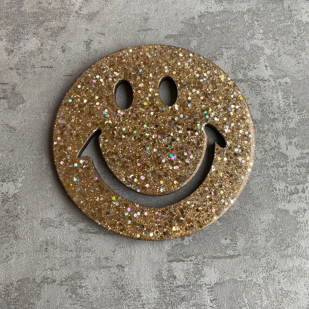 Smiley resin face in gold glitter all sizes