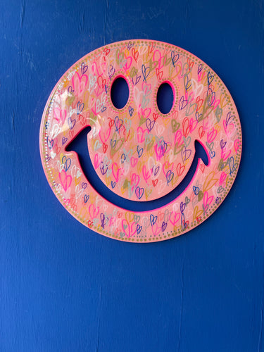 medium  30 cm pink and multicoloured hand drawn heart smiley with resin.