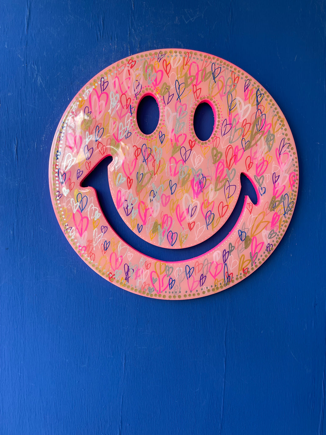 medium  30 cm pink and multicoloured hand drawn heart smiley with resin.