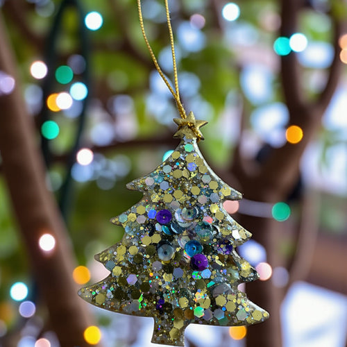 Gold glitter and sequin tree Christmas tree decoration.
