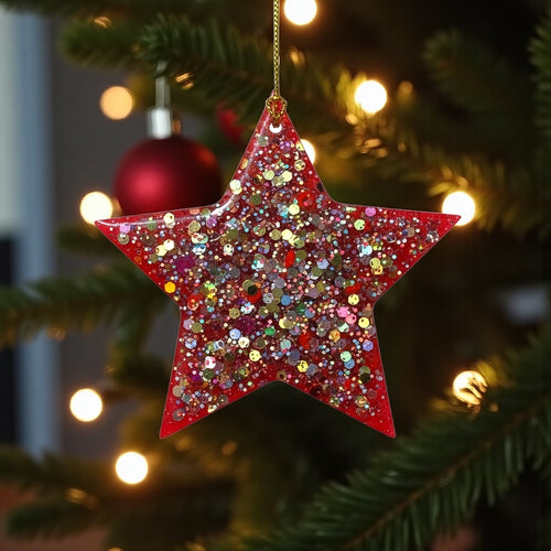 Red sequin and glitter hanging star.