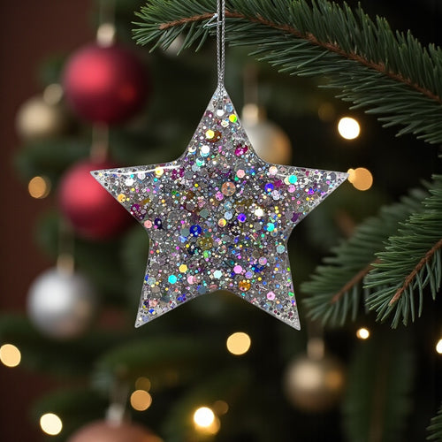 Silver sequin and glitter hanging star.