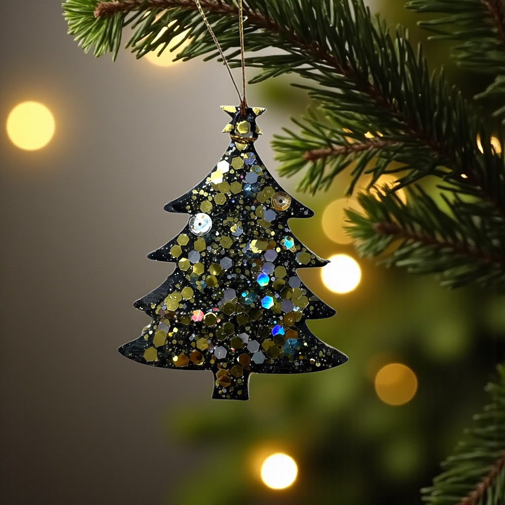 Black and gold glitter and sequin tree Christmas tree decoration.